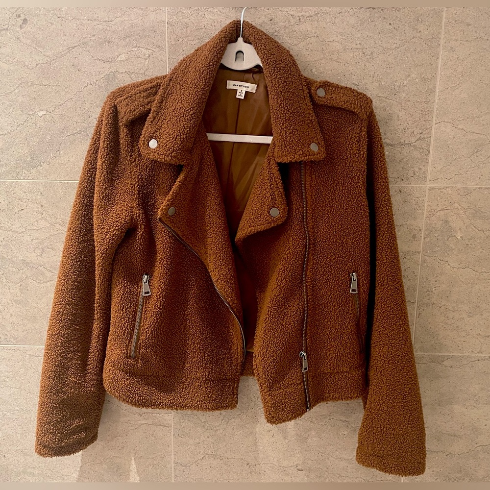 Brown teddy bear moto jacket by Max Studio